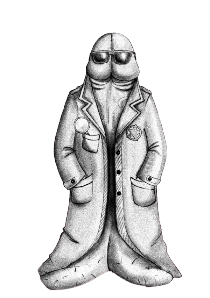 Mr. Dick facing forward with emotionless stare and trench coat