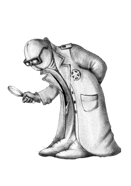 Mr. Dick with magnifying glass, looping expression in noir-style art